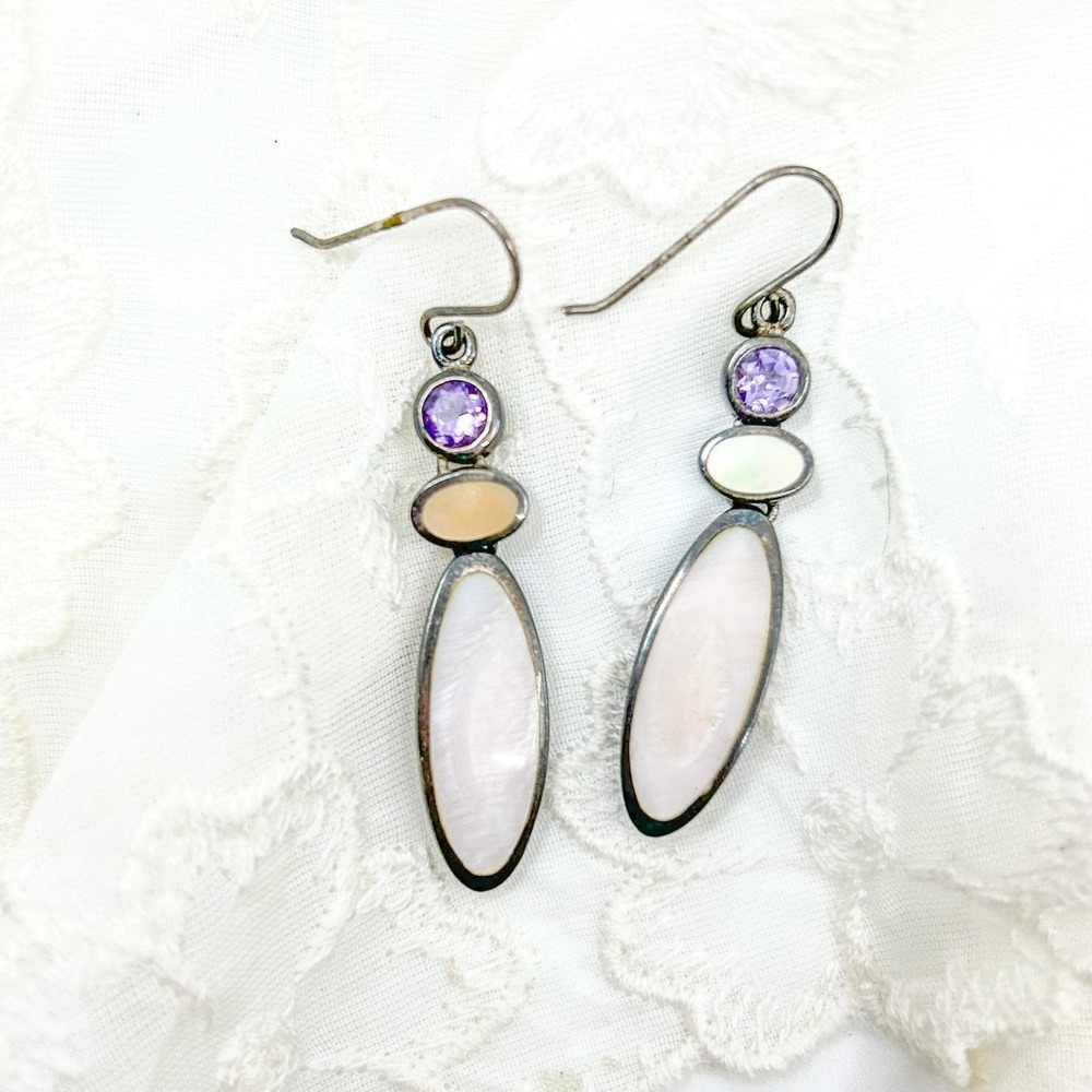 Vintage Sterling Silver Drop Earrings Amethyst Purple Stone Shell Stone Thailand